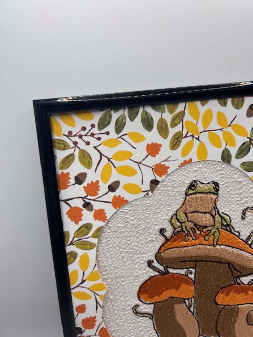 Homemade Frog On Mushroom 8X10 Framed Embroidery Art - Picture 3 of 6